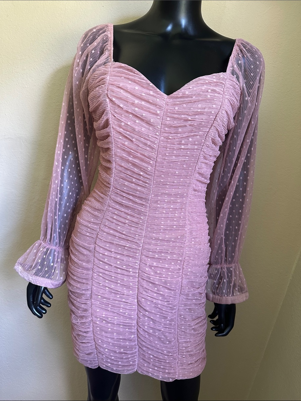 Haute Monde Rose-Mauve Pink Ruched Mesh Long Sleeve Dress